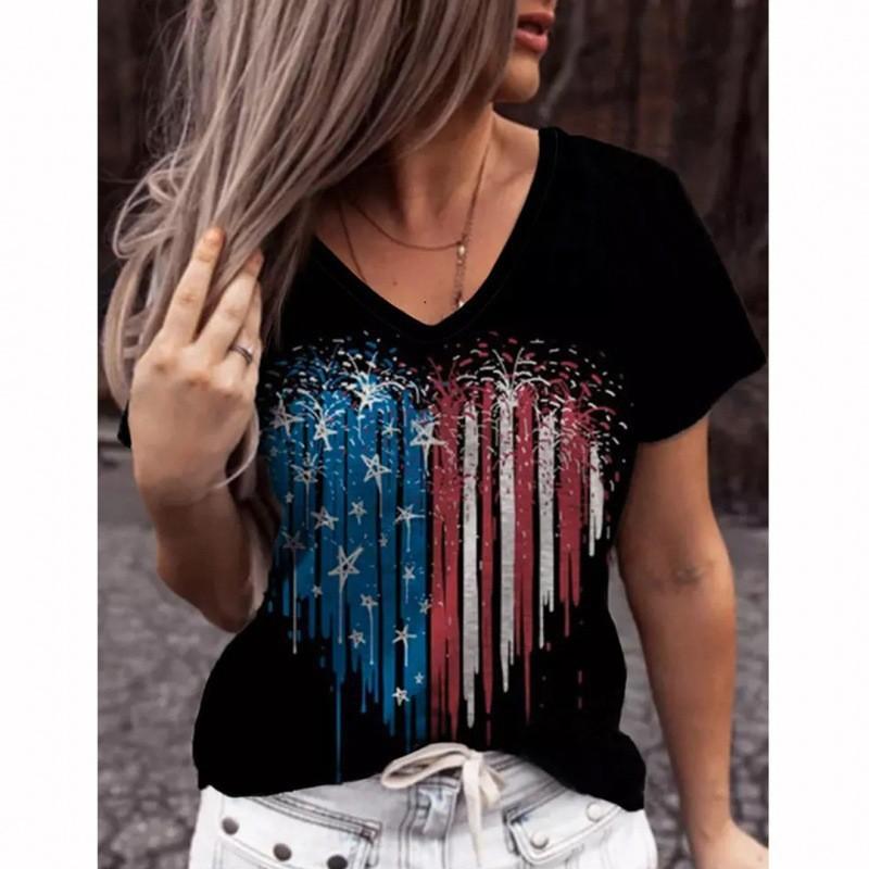 European and American Style Women's Clothing Casual V-neck Short-sleeved T-shirt D Digital Printing Source Wholesale