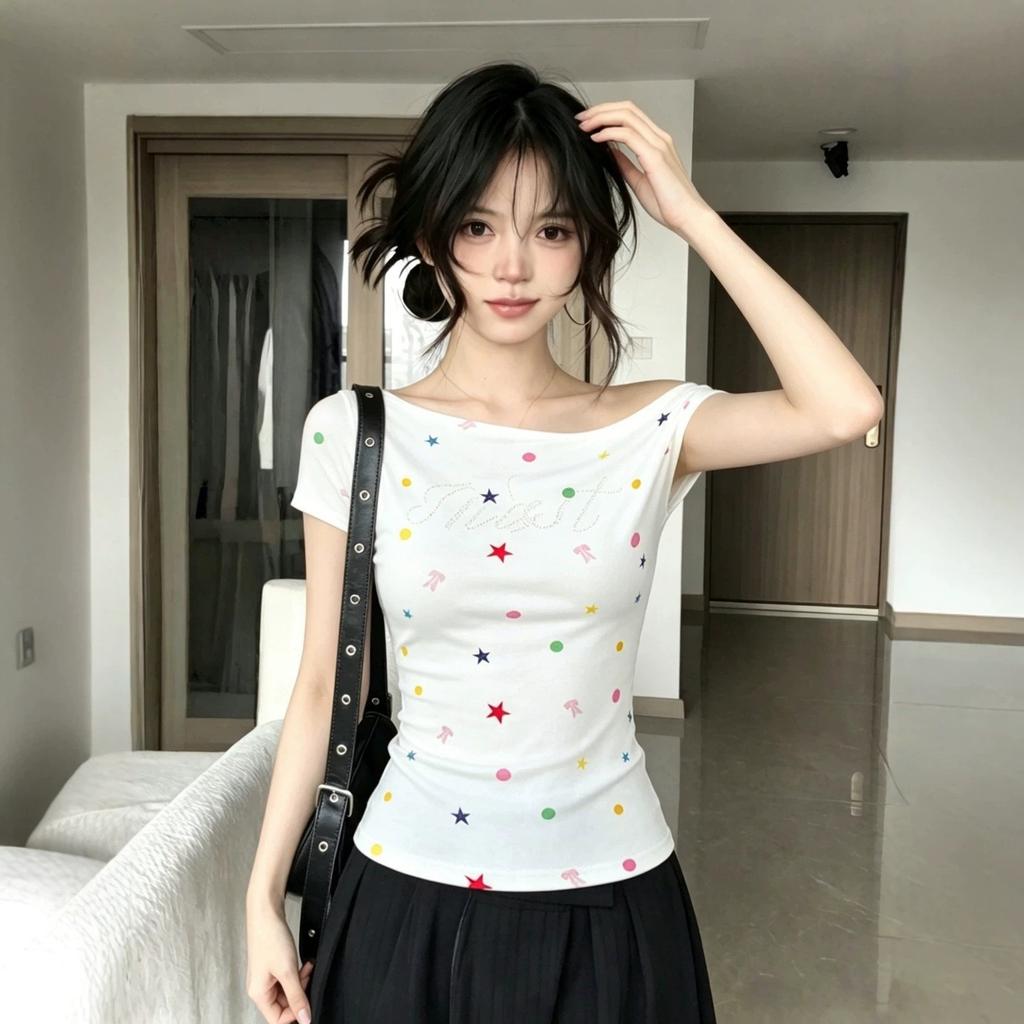 Korean Dopamine Color Polka Dot Slanted Shoulder Short-sleeved T-shirt for Women's Summer Waist and Thin Sweet Spice Girl Off-the-shoulder Small Top