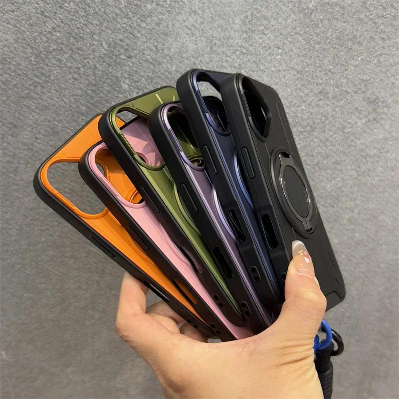 New Armor For Magsafe Magnetic Ring Stand Phone Case For iPhone 16 15 14 13 12 11 Pro Max With Wrist Strap Cord Shockproof Cover