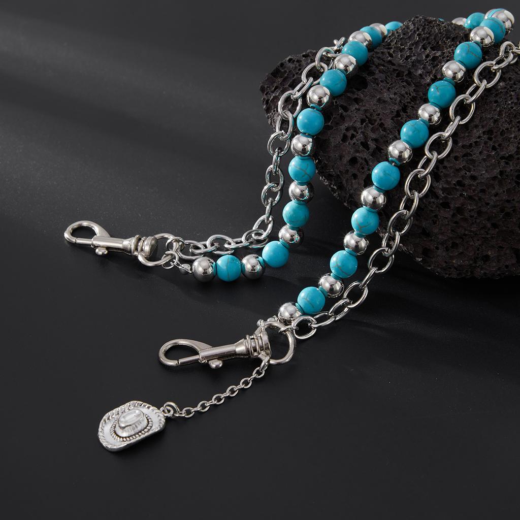 Ingemark Y2K Trendy Blue Stone Bead Jeans Pants Chain For Men Women Hip Hop Punk Double Layer Keychains Bag Accesories Jewelry