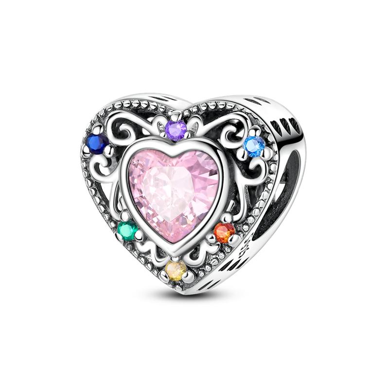 925 Sterling Copper Aircraft Travel Charms Bead Inlaid Pink Zirconium Love Heart Pendants Fit Original Bracelet Zircon Gift