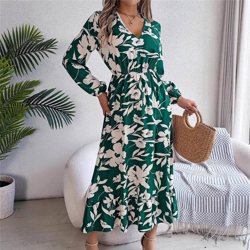 Women's V Neck Long Sleeve Floral Print Maxi Dress Casual Boho Flowy Dresses
