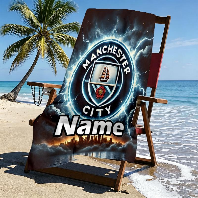 Custom Name Personalized Manchester City FC Print Beach Towel, for Trip Camping Beach Party Home Decor, Birthday Gift for Family & Friends