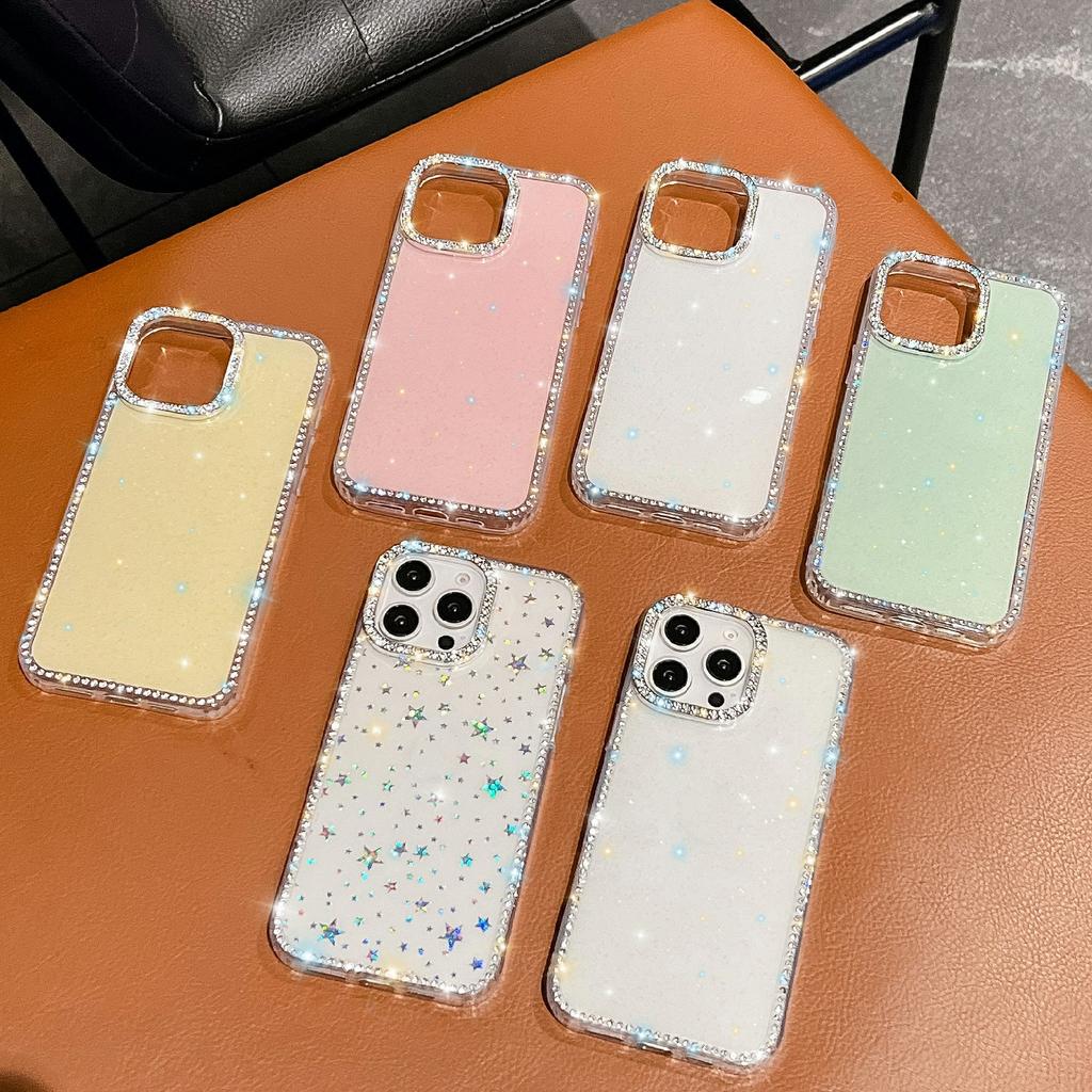 For iPhone 15 Pro Case Rhinestone Edge Glitter Back TPU+PC IMD Phone Cover