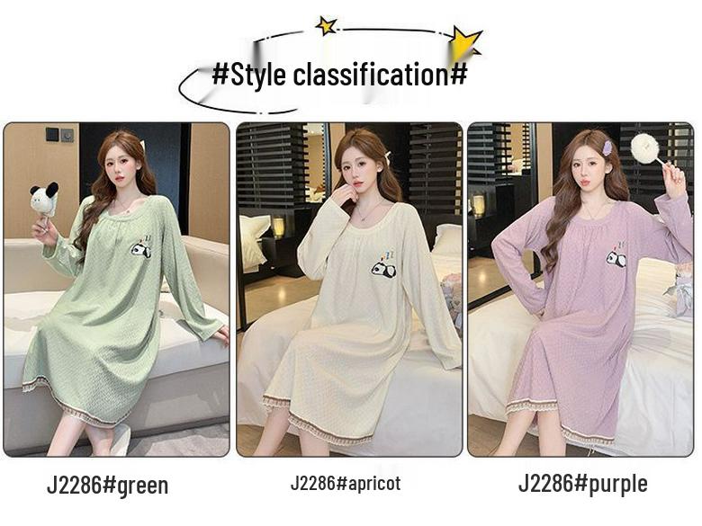 Jacquard Sweet Princess Long Sleeve Mid-Length Lazy Sleepdress, Plus Size, Spring & Autumn
