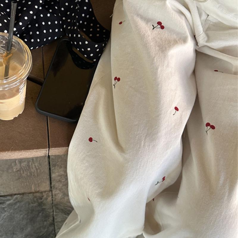 White Cherry Printed Cotton Linen Wide Leg Casual Pants for Women In Summer Thin and High Waisted Slimming Straight Leg Floor Length Pants
