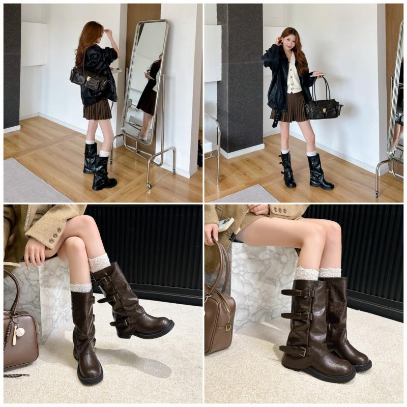 Thick-soled Belt Buckle Western Boots Women's New Versatile Mopping Boots Pleated Pile Boots Medium and Long Tube Pants Tube Boots