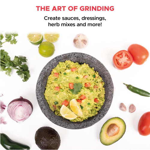 Molcajete 8-tommer, håndlaget i Mexico med naturlig vulkansk stein, et håndverksmessig kjøkkenredskap. Finkverner for kverning. Spesialdesignet for