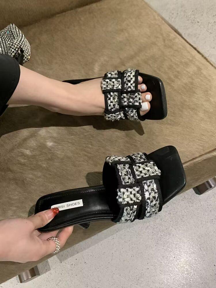 2025 Summer New Women's Slippers Fashion Open Toe Braided Women's Shoes Casual Designer Beach Women's Stiletto High Heels