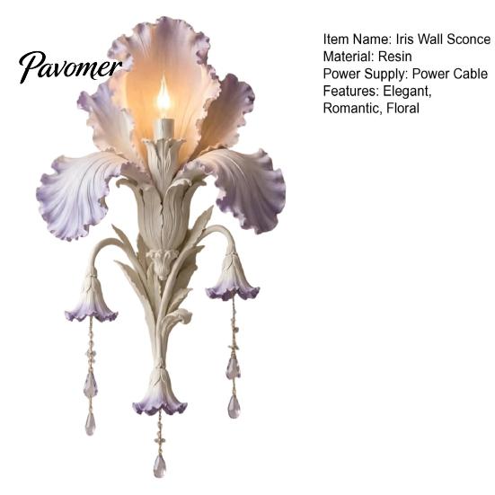 Modern Iris Petal Lamp Bloom Wall Sconce, Vintage Floral Light with Faux Crystal Sconce Drops, Romantic Purple Ambient for Bedroom Living Room