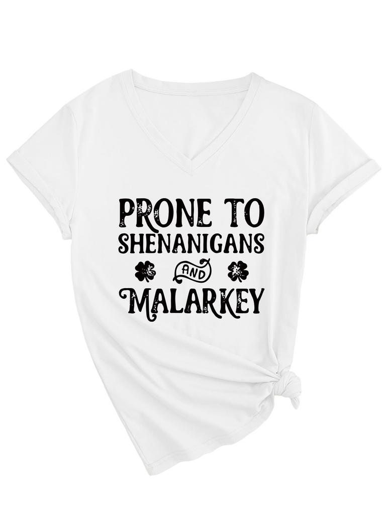Fashionable and Versatile Prone To Shenanigans Printed Top V-neck Short Sleeved Women's T-shirts