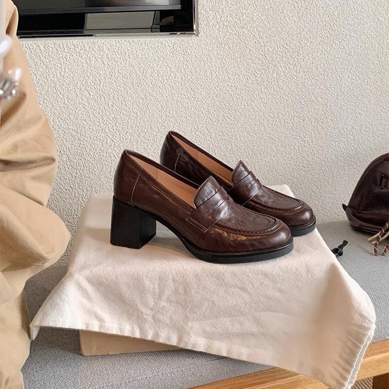 Cowhide~ 7cm Thick-heeled British Leather One-pedal Lazy Women's High-heeled Small Leather Shoes