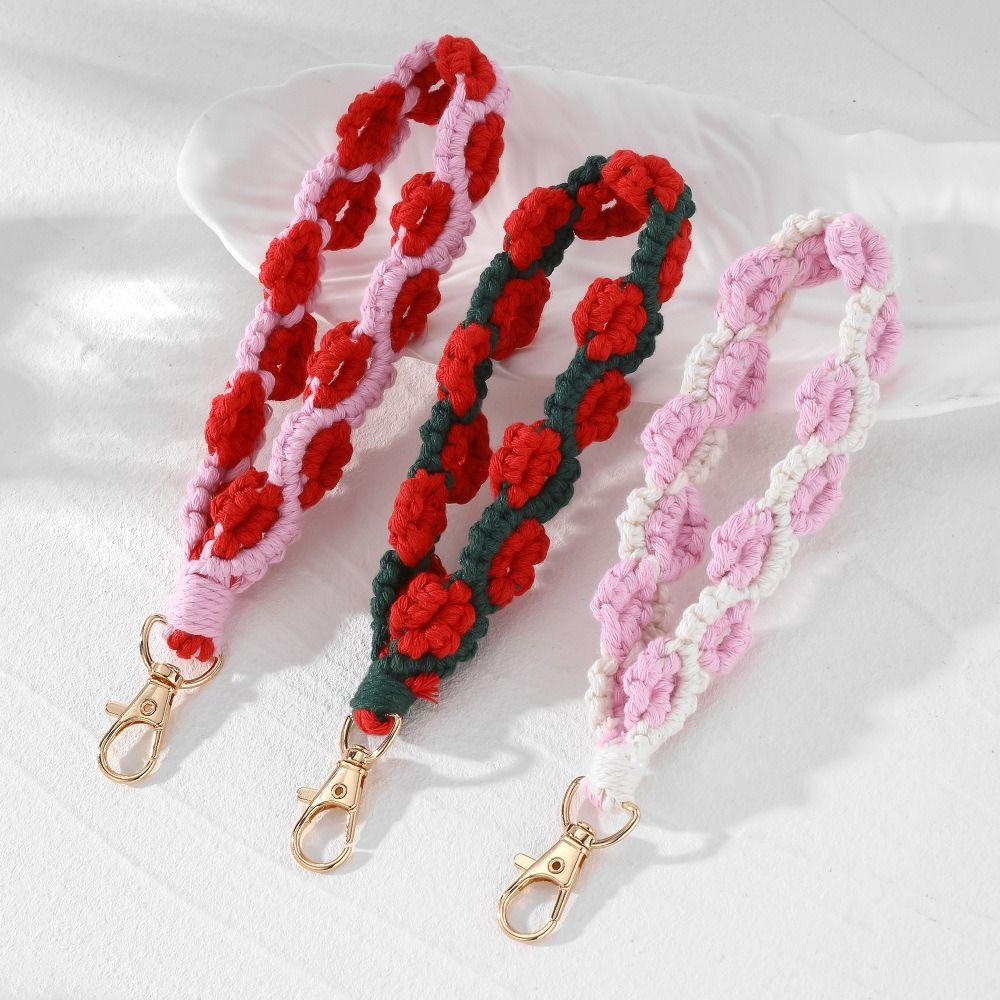 

Rose Rose Wrist Strap Key Ring Cotton Handmade Flower Wristlet Keychain Bag Hanging