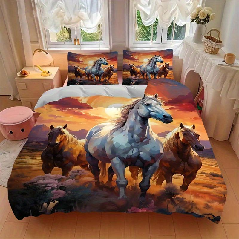 3pcs Animal-themed Horse Sunset Soft and Comfortable Breathability, Bedding Set, Machine Washable, Suitable for All Seasons134