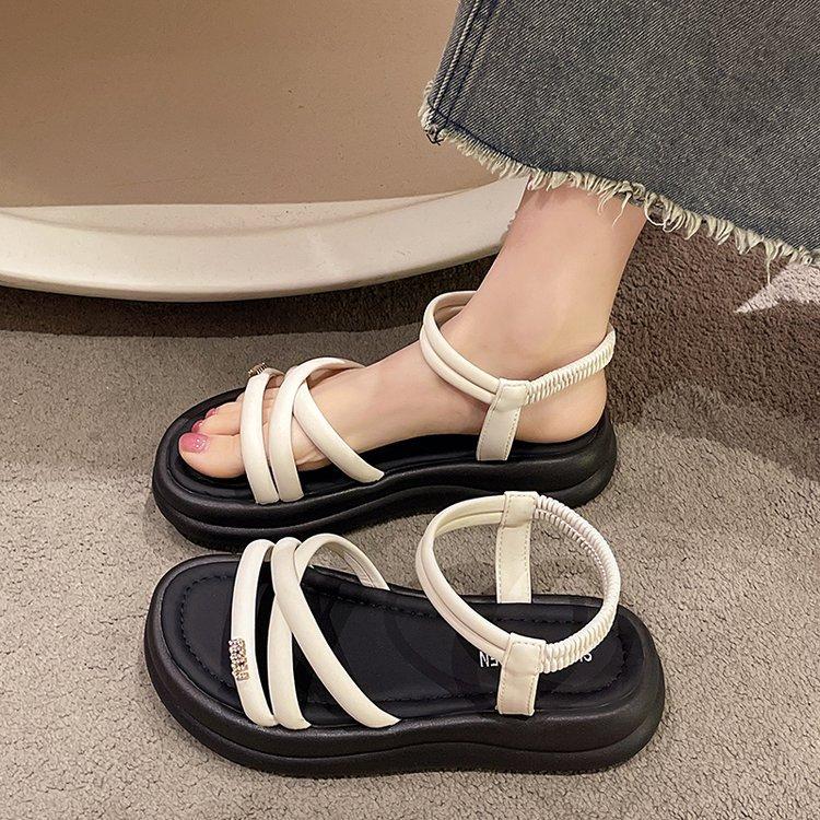 Fairy Wind Sandals Girl 2025 Summer New Korean Version Muffin Thick Sole Simple Thin Band Elastic Band Roman Sandals Woman