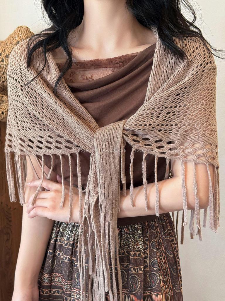 Three-Way Bohemian Bandana Shawl with Tassel Accent for Women