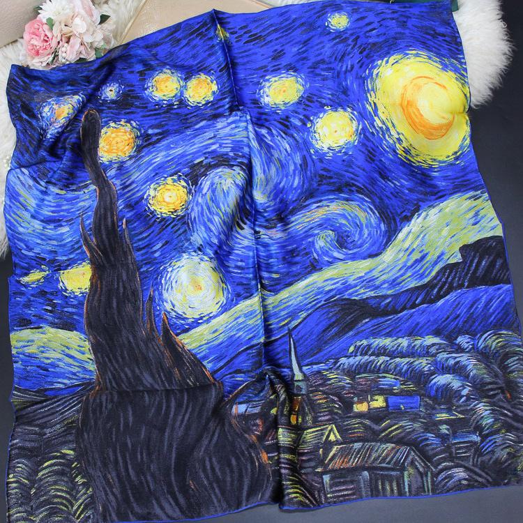 High-end famous painting Van Gogh oil painting starry sky silk 90 square scarf spring and autumn thin mulberry silk scarf summer sunshade shawl