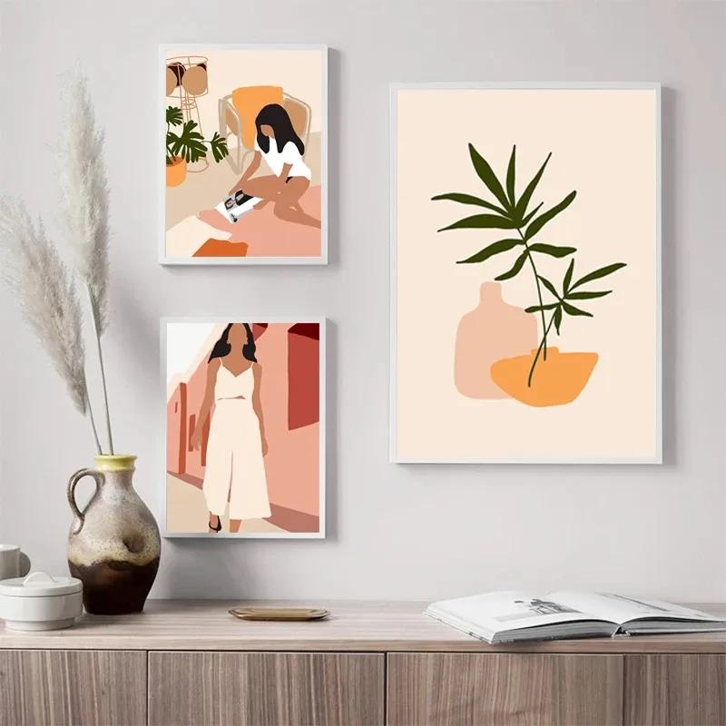 Bohemian Fashion Abstract Girl Art Canvas Painting Nordic Posters and Prints Wall Art Pictures for Living Room Home Decoration
