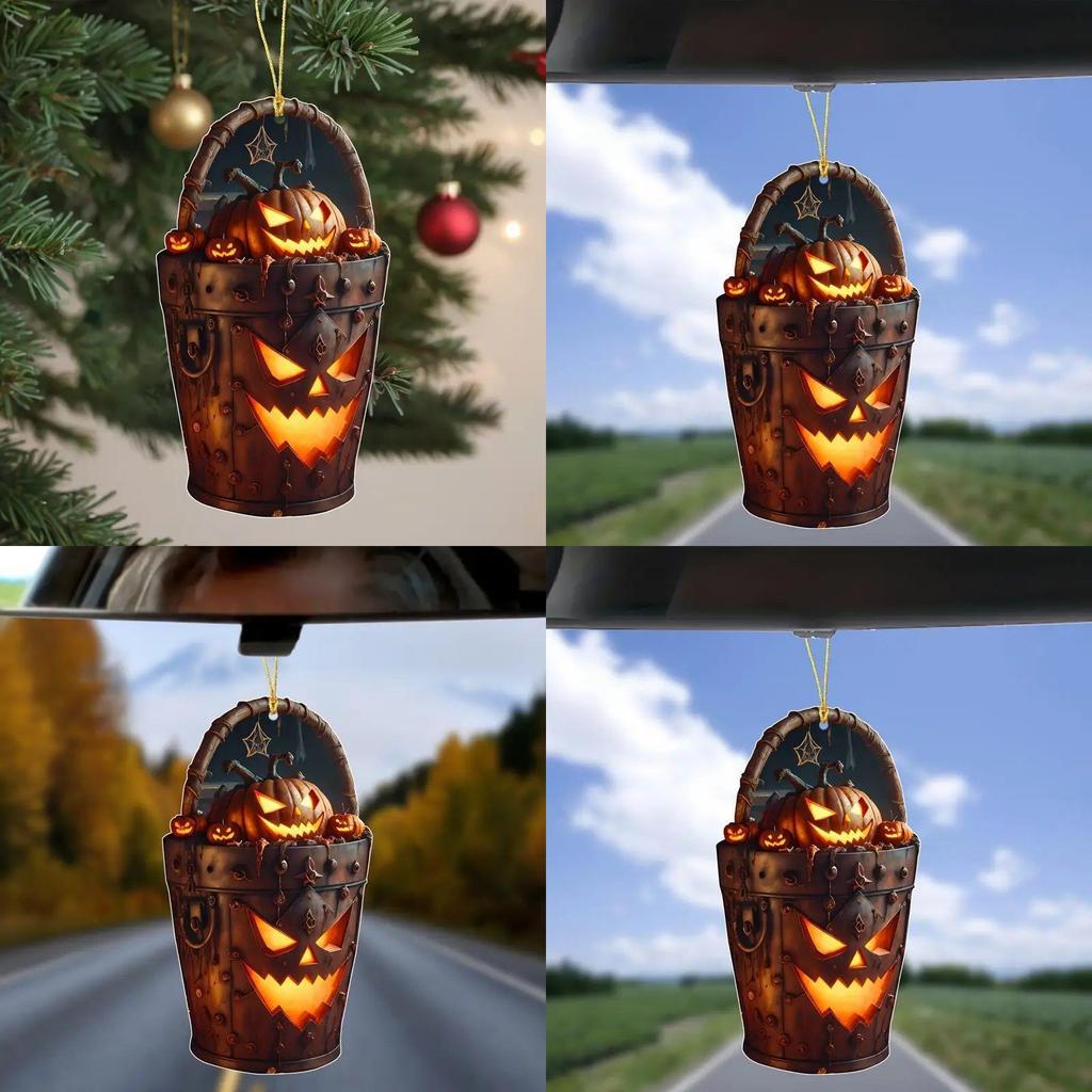Acrylic Halloween Pumpkin Head Bucket Car Rearview Mirror Pendant With Cartoon Style For Vehicle Decor