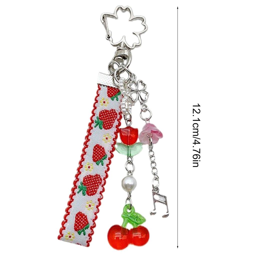 Strawberry Cherrys Ribbon Flower Keychain Charm Colorful Keyring for Women and Girls Bag Accessories Purse Decoration