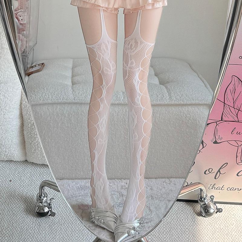 Sexy Babes Rose Jk Black Stockings Women S Pattern Thin Pure Desire Wind Pantyhose Trend Side Hollow Fishnet Socks One size fits all