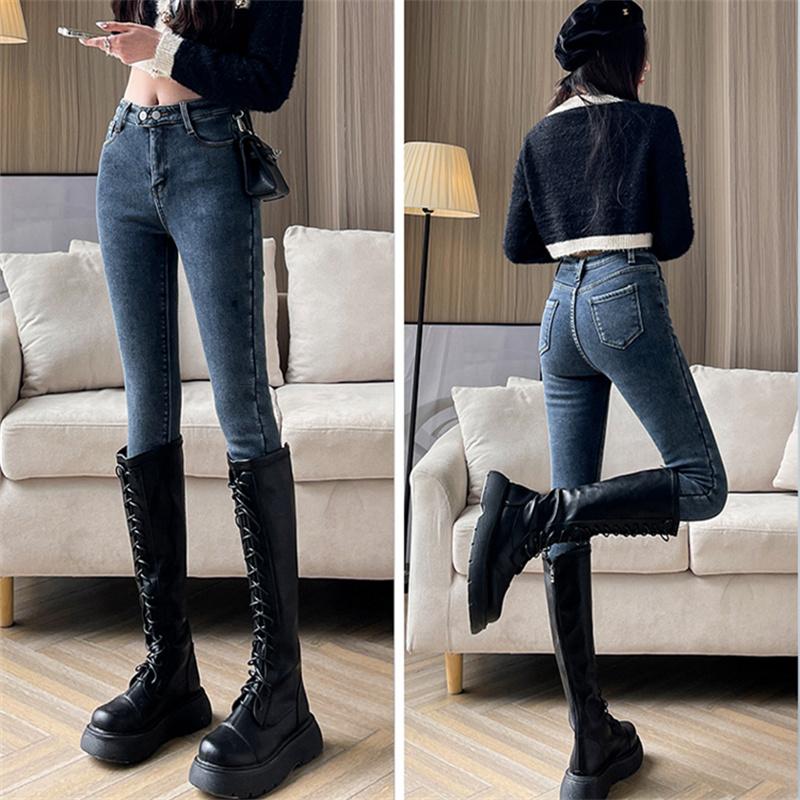 Autumn Winter Fashion Women Vintage Harajuku Jeans Fleece High Waist Casual Thicken Warm Elasticity Slim Skinny Jeans Streetwear