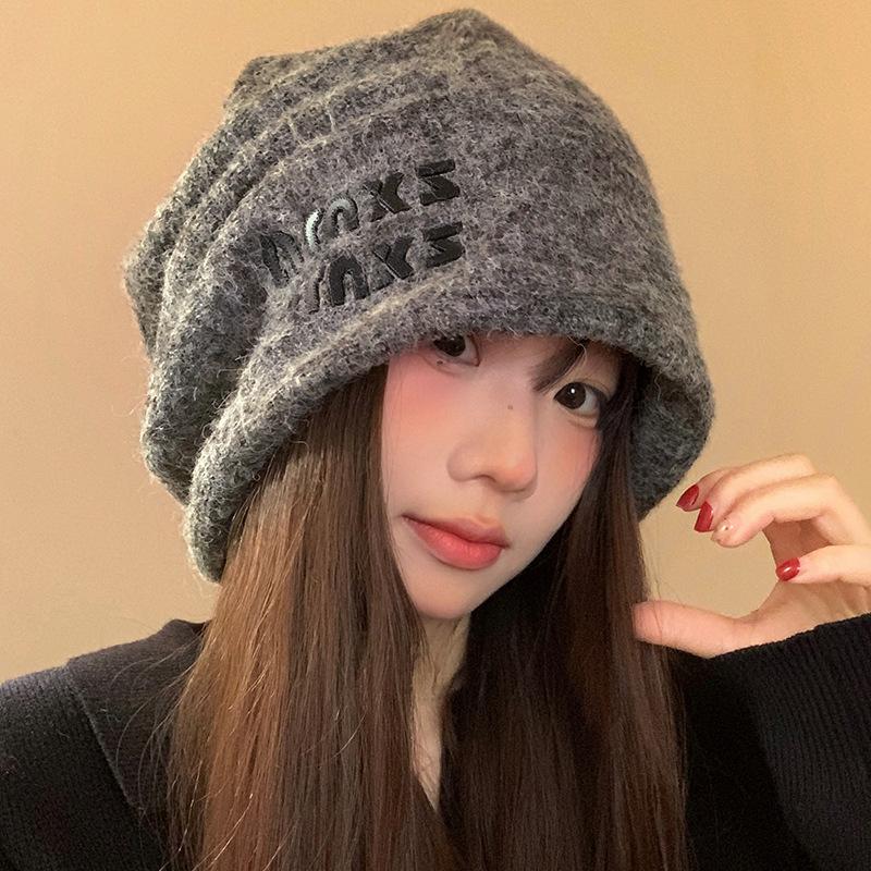 Wool gray knitted pile hat women's autumn and winter big head circumference warm hat ear protector head cold hat showing small face