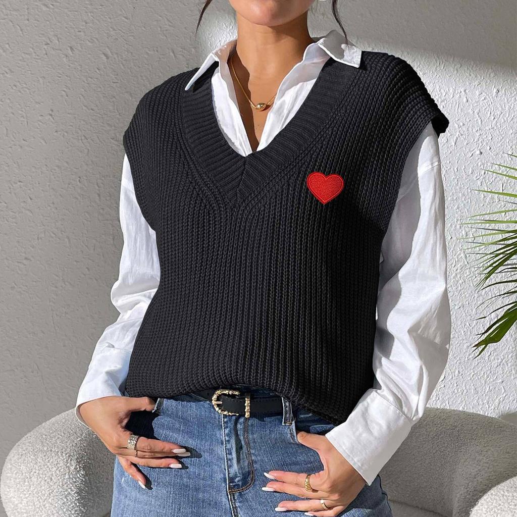 Women's V-neck  Vest Embroidered Love Sticker Sweater Vest