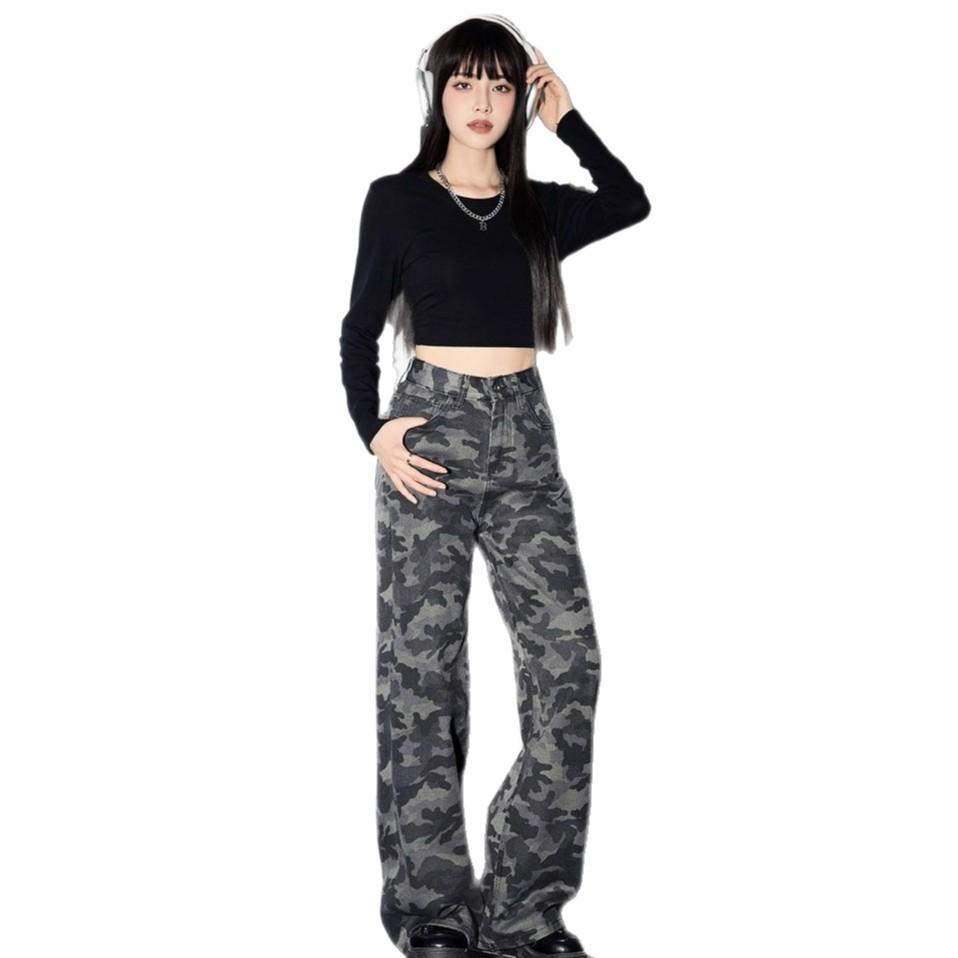 

Tide Cool Retro Camouflage Wide Legged Jeans Women Autumn Loose Straight High Waisted Wide Legged Long Pants Jeans for Women Long Denim Pants 4XL