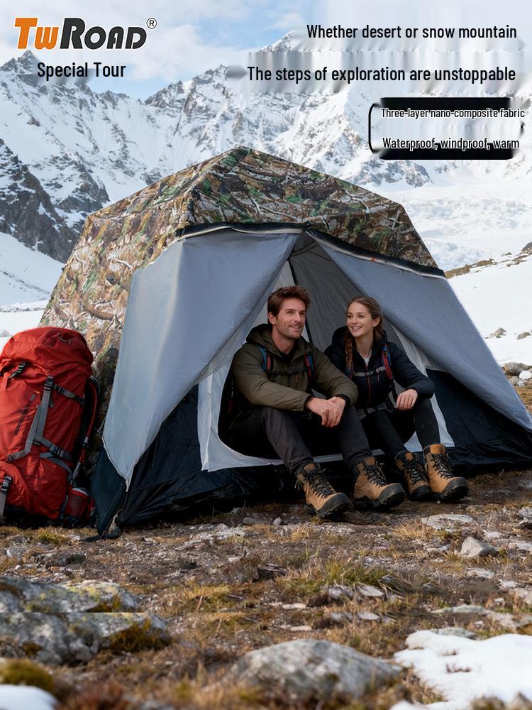 Four-Season Double-Layer Waterproof Tent with Quick-Open Design, Two Doors, Windows, and Ventilation for Camping.