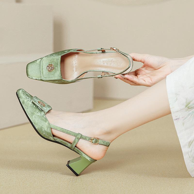 Baotou sandals women's new medium thick heel empty single shoes silver one-word buckle with square head high heels