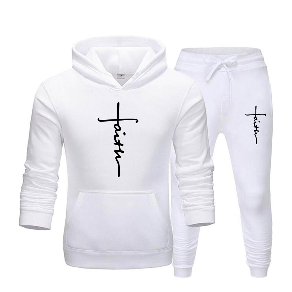 "Faith" Men's Casual Sports Hooded Sweatshirt +Drawstring Pants 2 Pieces Sets  Letter Print Sweatshirt Fleece Hoodie Set Men's