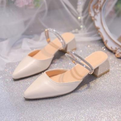 New Korean Version Fashion Rhinestone Toe Slippers Thick-heeled Pointed Women's Summer Hong Kong Style Two-wear Sandals