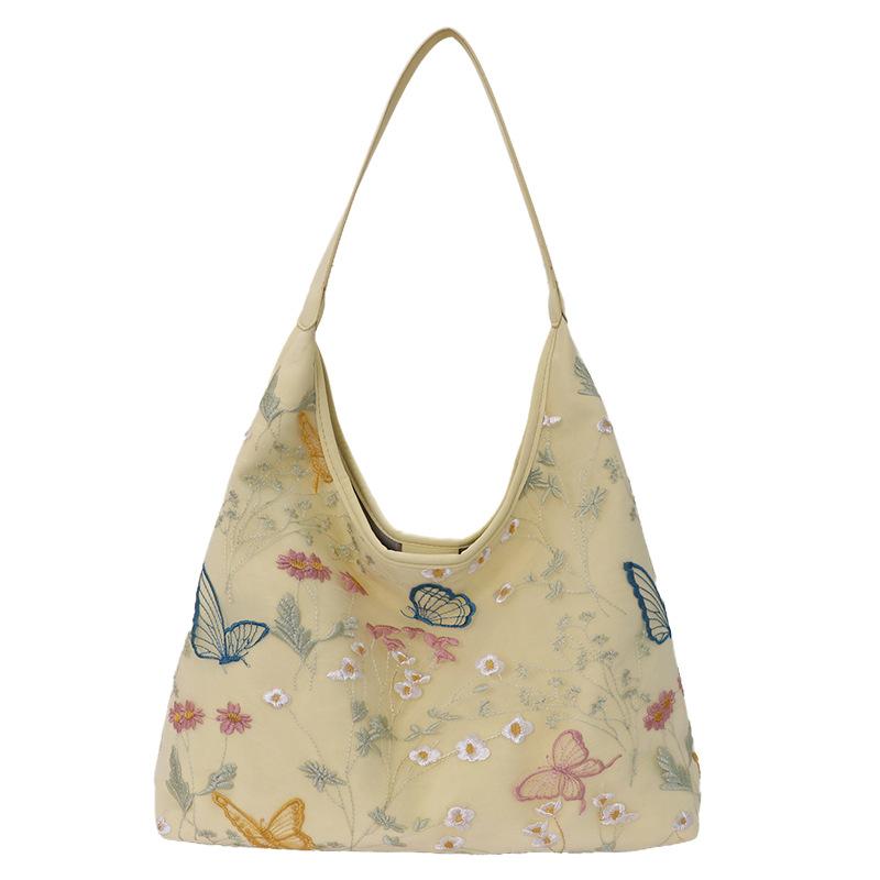 Women s Embroidered Tote Bag Floral Butterfly Design Soft Shoulder Hobo Bag жёлтый