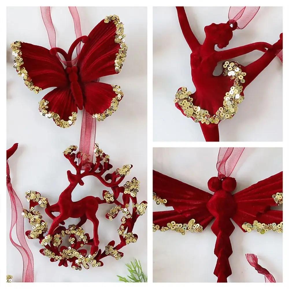 New Red Xmas Tree Ornament Bowknot Flower Wreath Christmas Tree Pendant Flocked Hanging Hanging Ornaments Party Supplies