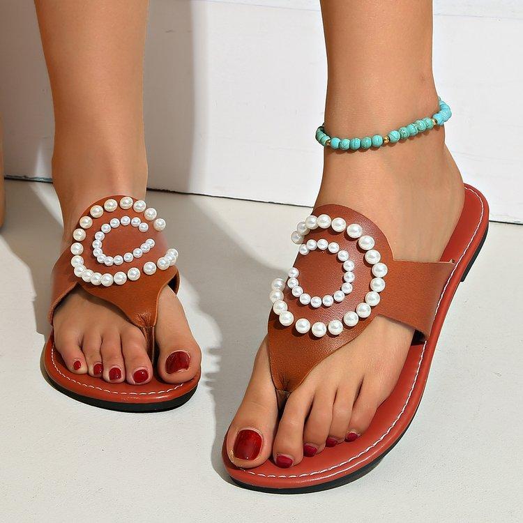 2025 New Fashion Casual Large Size Pearl Toe Solid Color Flat Casual Slippers Fashion Beach Women's Shoes
