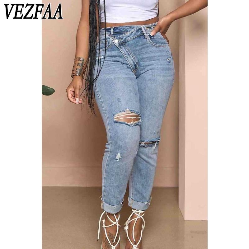 VEZFAA Damenmode, lässig, einfarbig, bedruckt, hohe Taille, Hosen, Hosen und Caprihosen