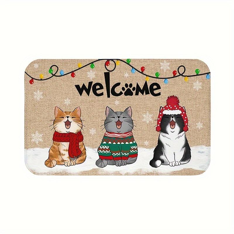 Plush Cat Welcome Doormat, Ultra-Soft Absorbent Polyester Rug, Non-Slip Christmas Decor for Bathroom Living Room Rug