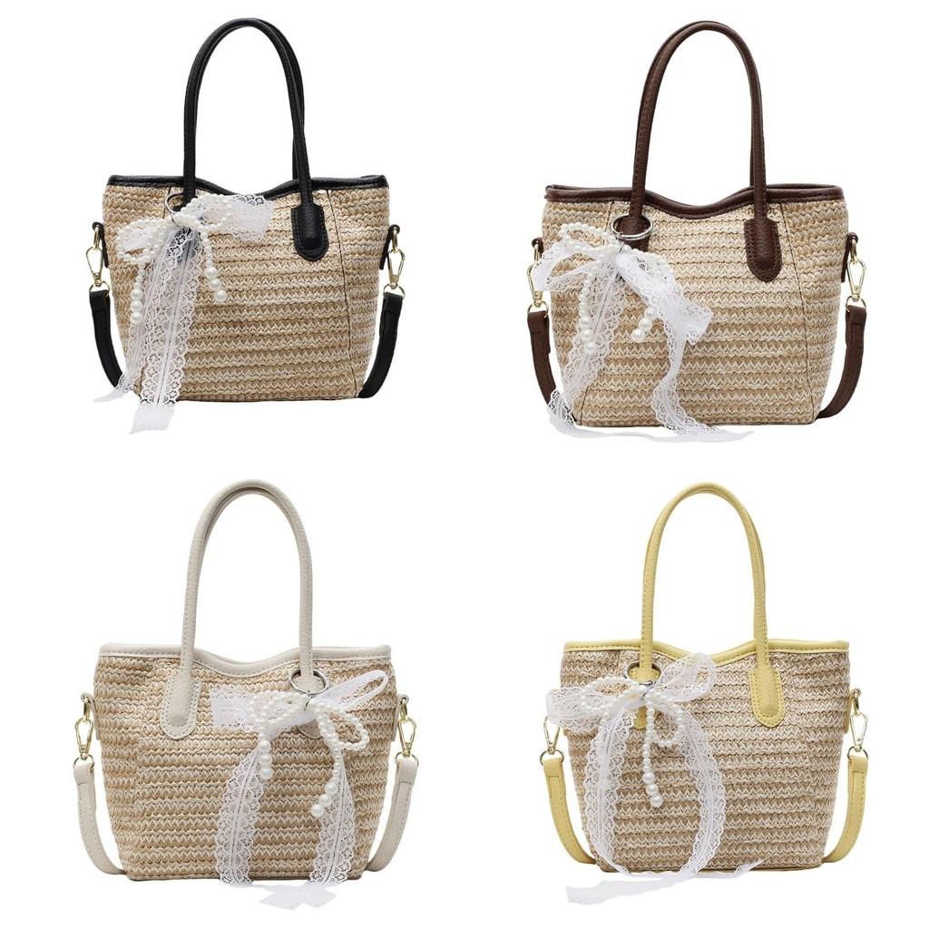 Grass Weave Bucket Bag For Women Summer Casual Handheld With Zipper Closure