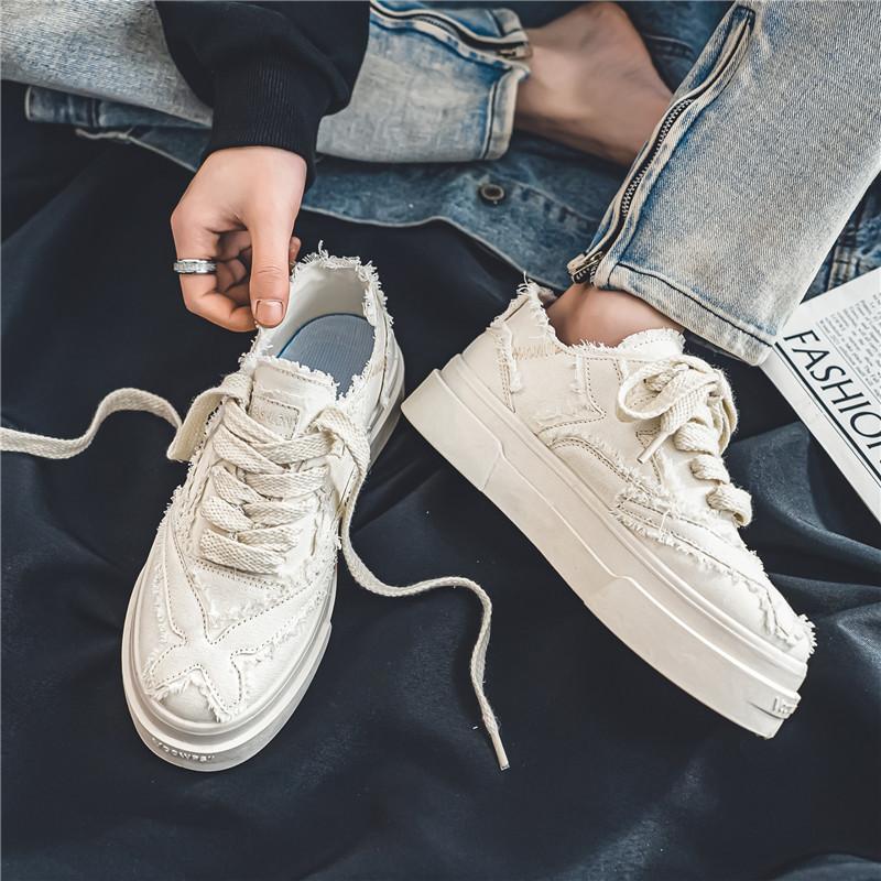 Men's Distressed Denim Canvas Shoes Thick Sole Frayed Edge Casual Low-top Fashion Shoes