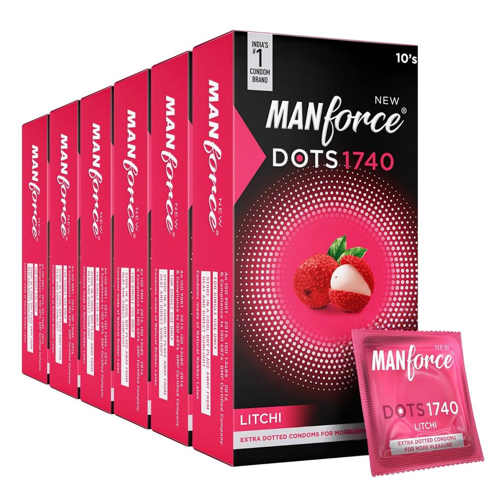 Manforce Litchi Flavoured Extra Dotted Condoms for Men10 Pcs X PACK OF 6 Lubricated Latex Condom for Enhanced Pleasure Intimate