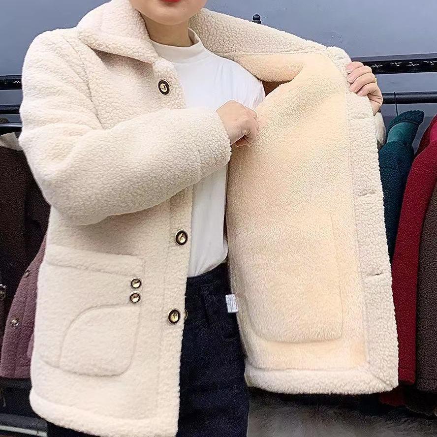 Women's Mid-Length Beige Faux Fur Lambswool Coat