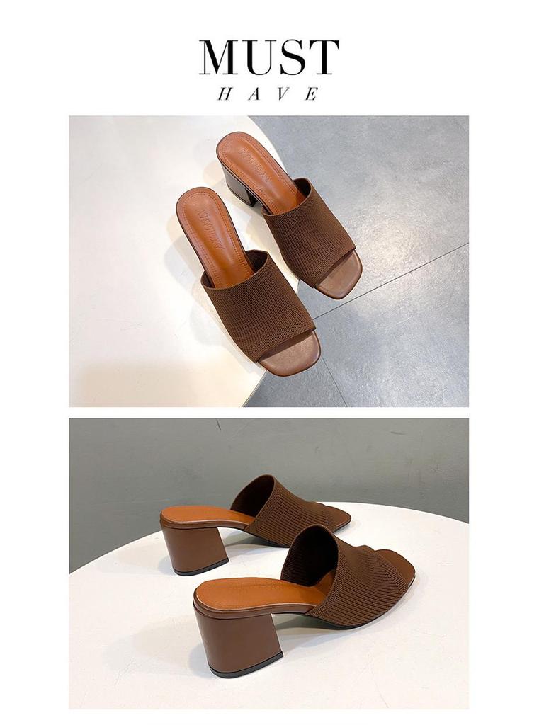 2024 Women's Fashion Chunky Heel Knit Wool Square Toe Sandals & Slippers