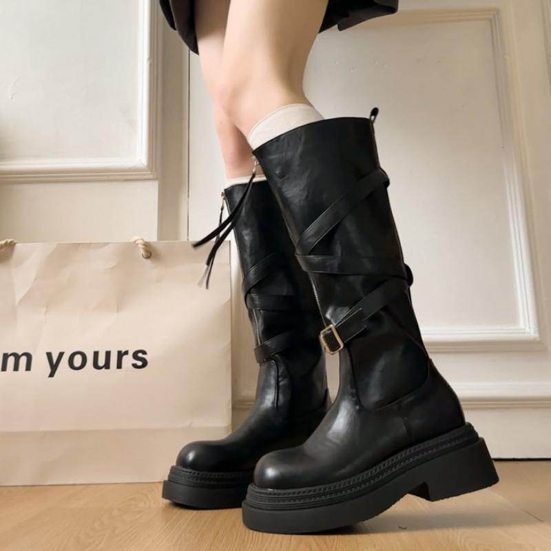 Winter Vintage Platform Thick Sole Woman Knight High Boots Concise Belt Buckle Front zipper Shoes Ladies Slim Modern Long Botas