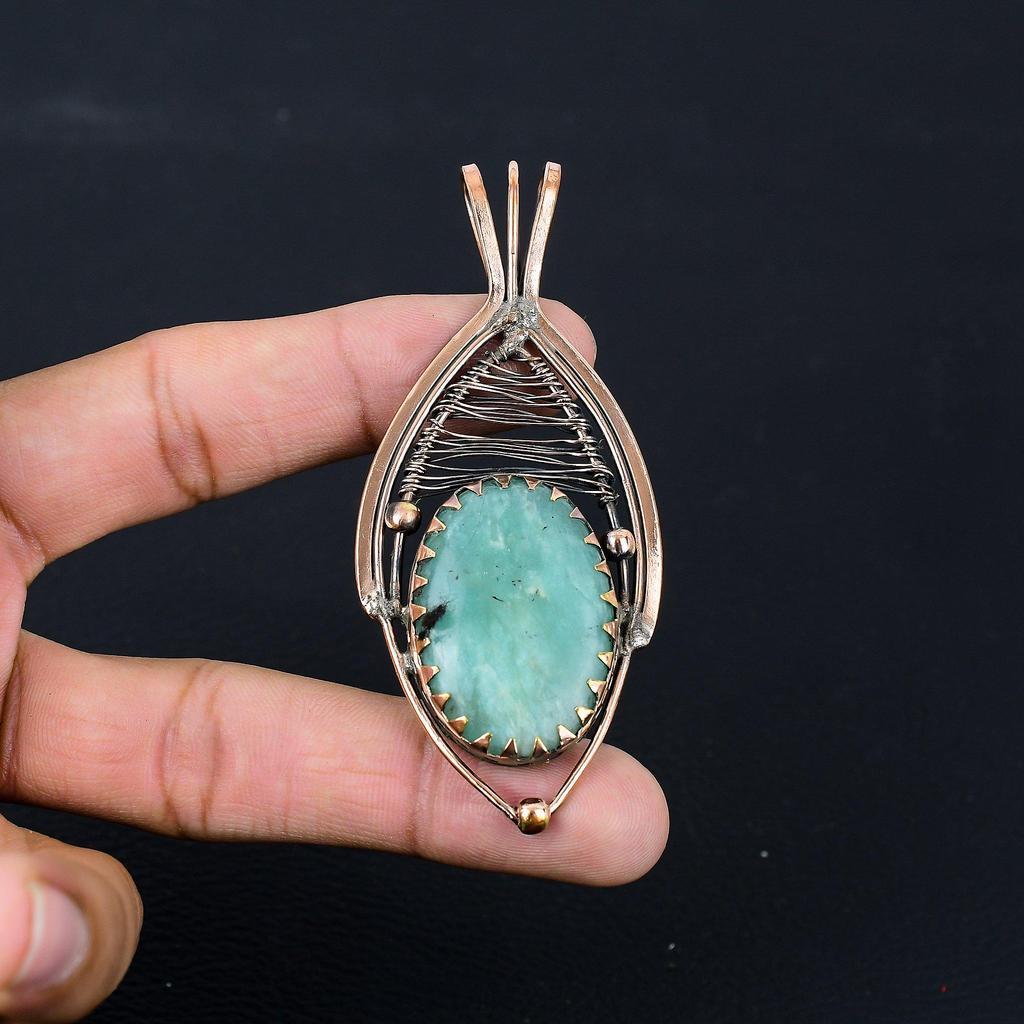 Aquamarine Gemstone Pure Copper Wire Wrapped Handmade Pendant Jewelry