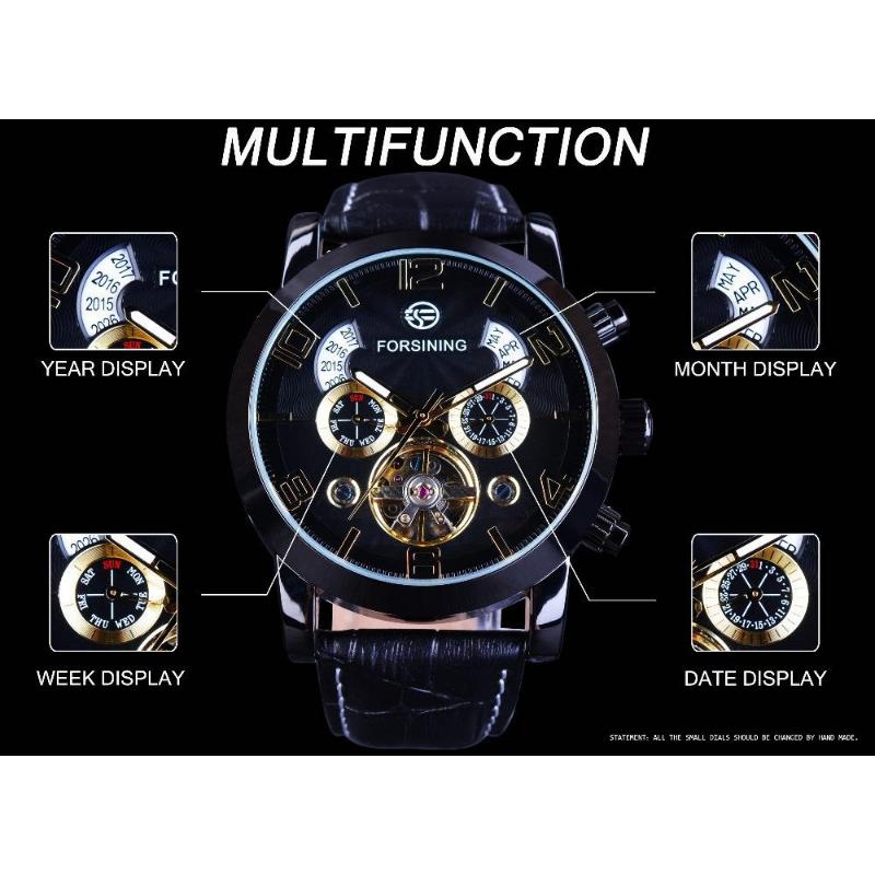 FORSINING Men's Tourbillon Mechanical Watches Calendar Automatic Movement Genuine Leather Strap Wrist Watches