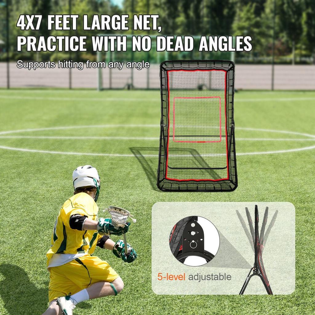 Lacrosse Rebounder for Backyard, 4x7 Ft Volleyball Bounce Back Net, Pitchback Throwback Baseball Softball Return Training Screen, Adjustable Angle