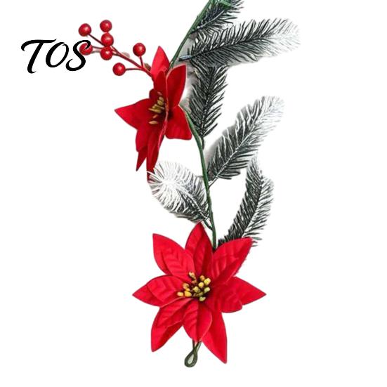 Covered Porch Fence Decoration 5.9Ft Artificial Christmas Poinsettia Garland with Frosted Pine Branch and Red Flexible Plastic Vines Berries, Festive