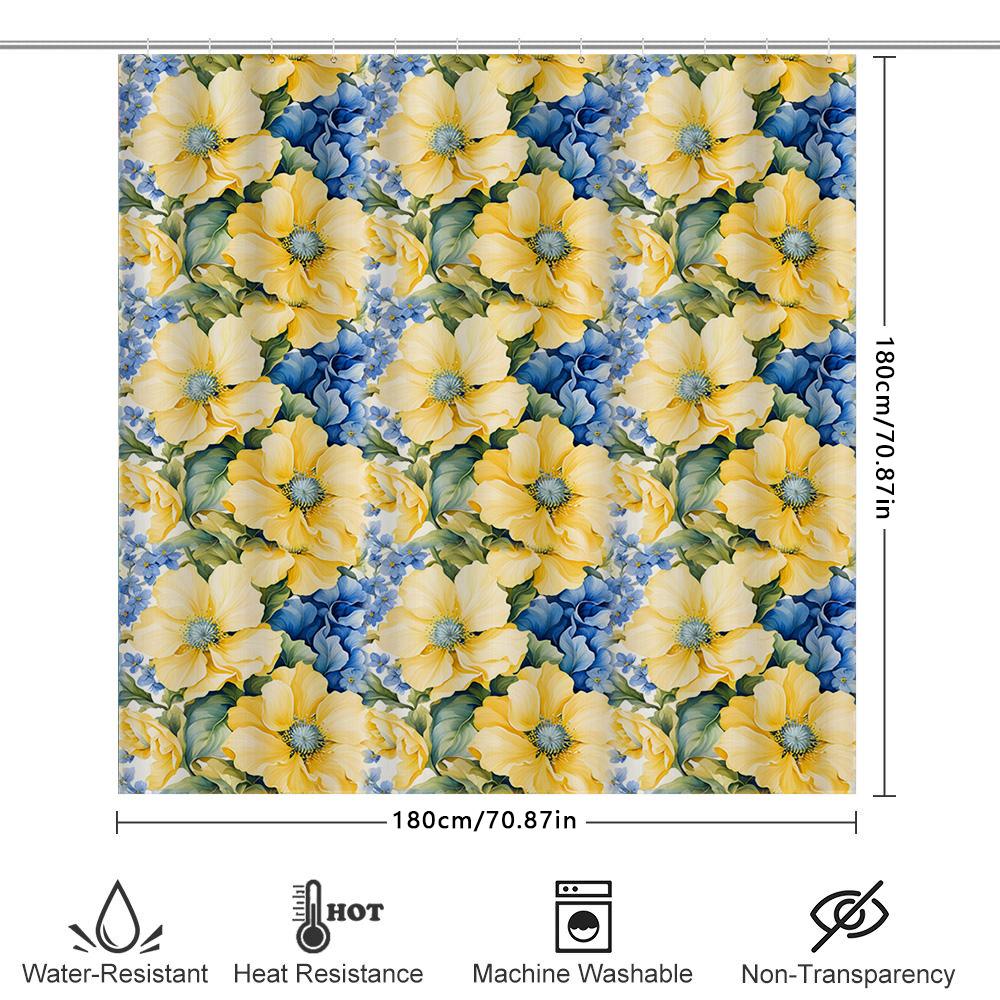 Floral Pattern Shower Curtain Bright Blue Yellow Floral Print for Bathroom Decor Machine Washable Water Repellent Fabric