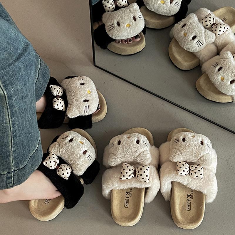 Fashion versatile retro cartoon kitten bag head slippers women's 2025 autumn and winter new home kt cat cotton mop